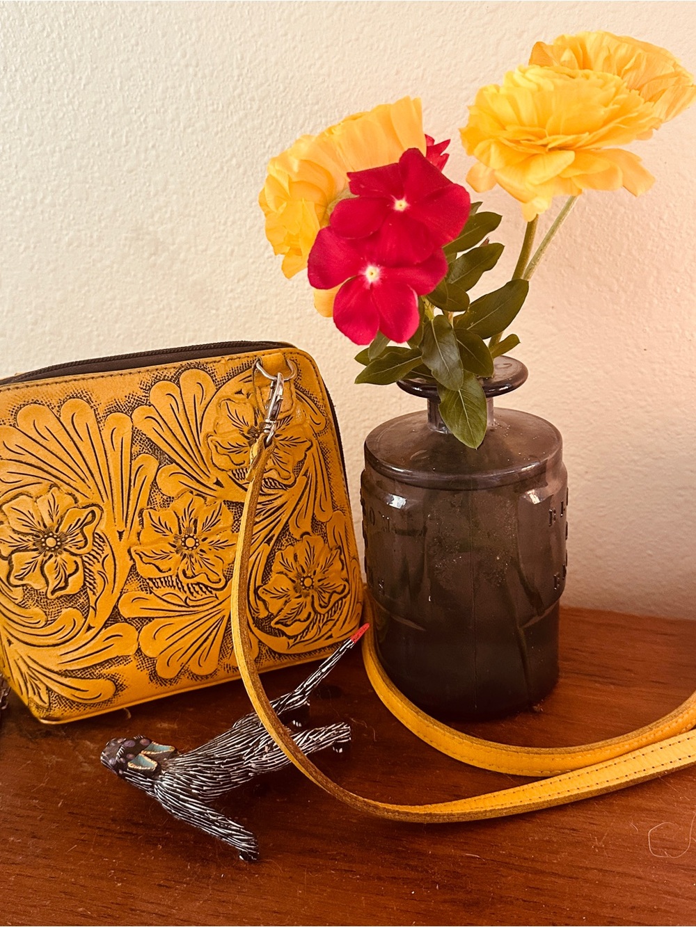 Orígenes by David Luna Hand-Tooled Floral Leather Crossbody
